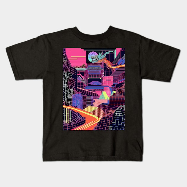 neon valley flight of the digital dragon Kids T-Shirt by bulografik